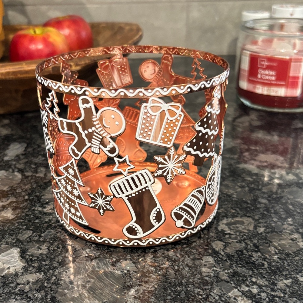Festive Copper Holiday Candle Holder with White Accents